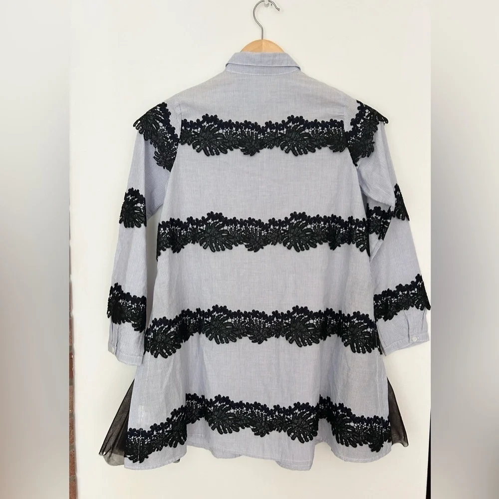 JNBY White blue Lace Striped Dress a line collar button